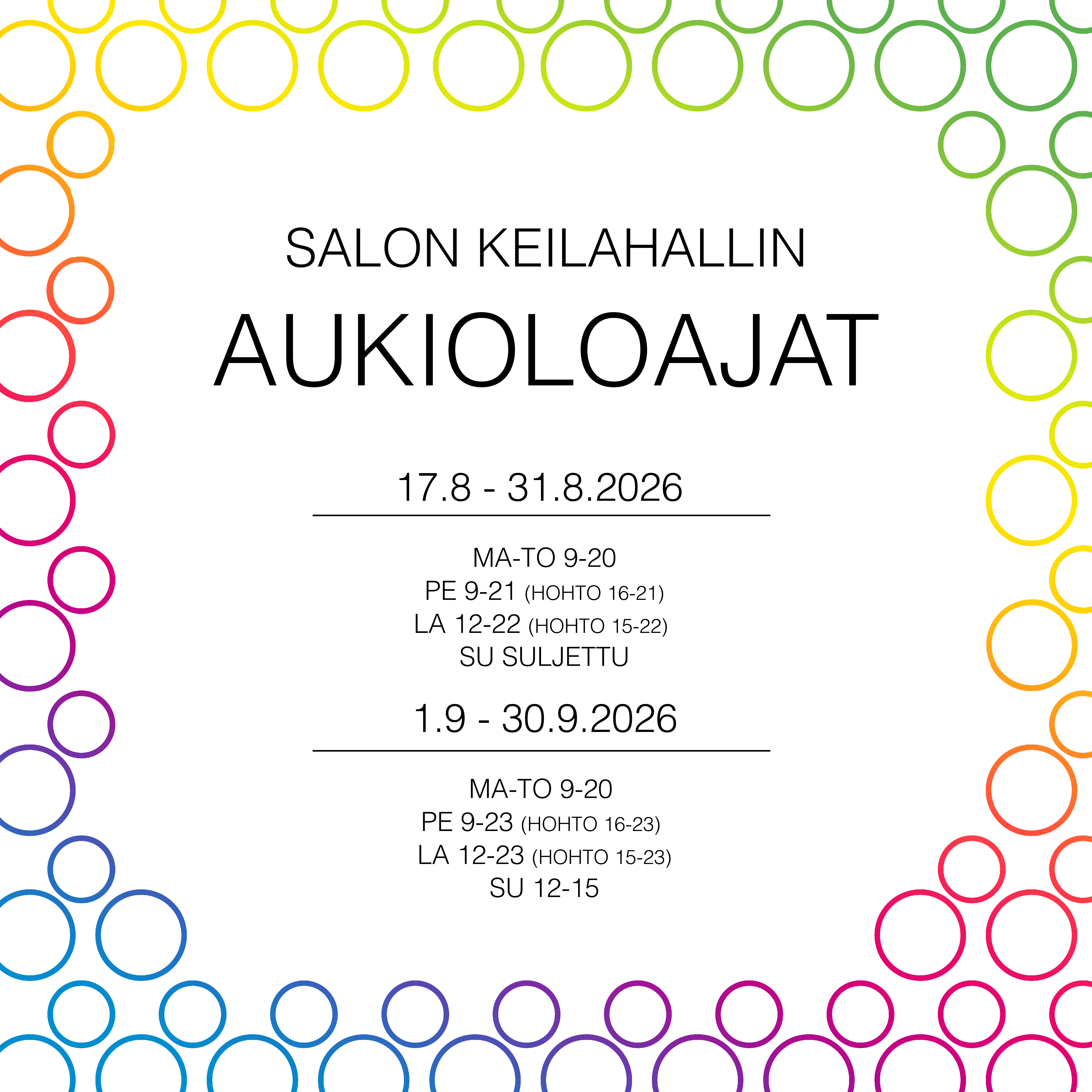 Aukioloajat elo–syyskuu – juliste